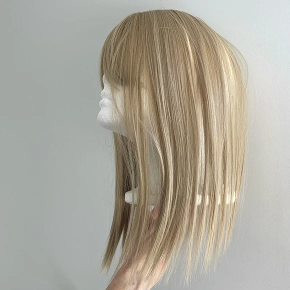 NWT wheat blonde topper light HAND TIED center part with bangs 16-17” new silk